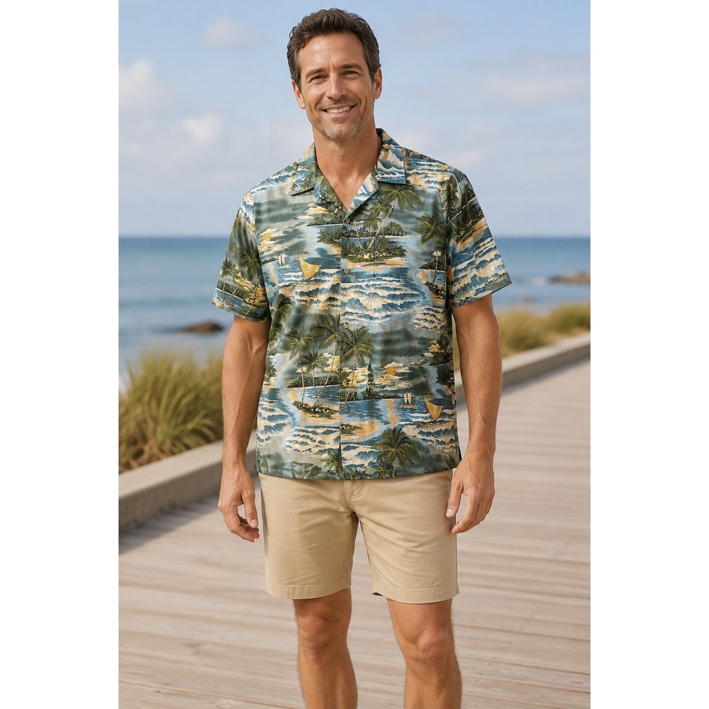 Pacific Legend Hawaiian Shirt Cotton Tropical Palm Sailboat Coastal Aloha